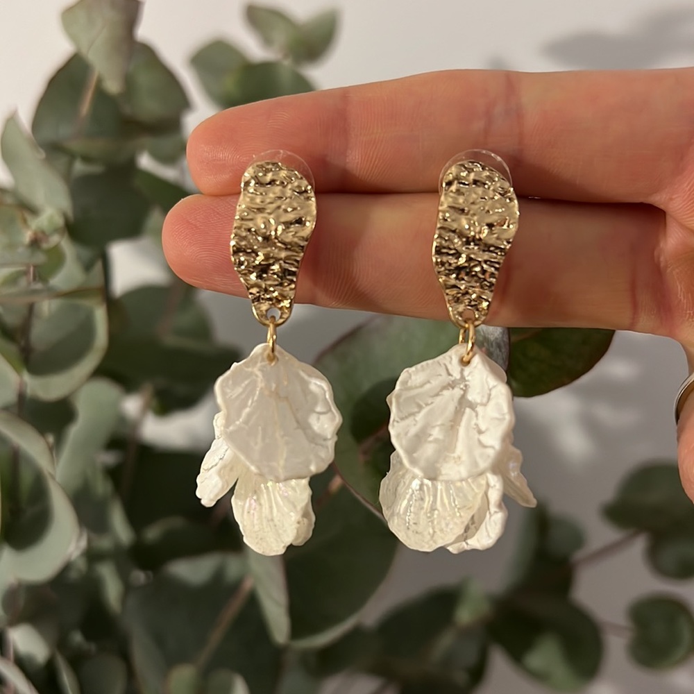 Gold and white leaflet earrings